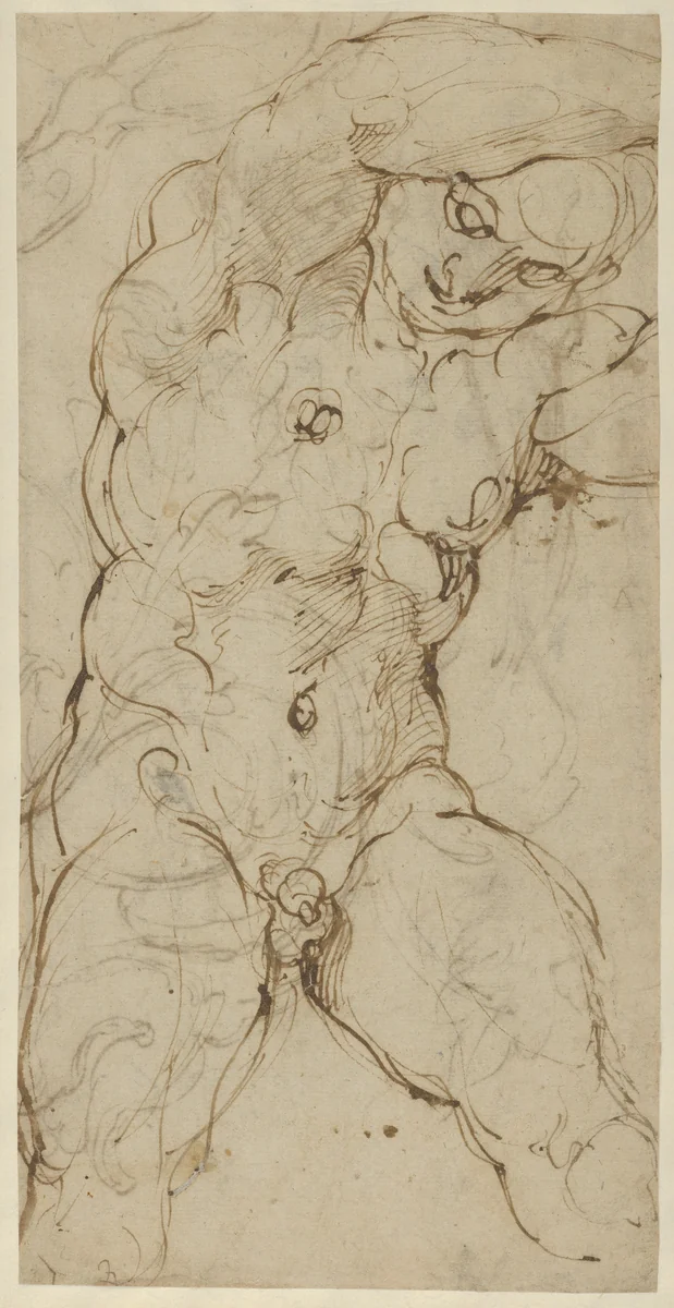 Seated Nude Male Figure (recto); Ornamental Designs of Foliage, a Grotesque Head, and a Leg (verso) by Agostino Carracci, drawing, 1585-1598