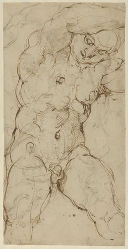 Seated Nude Male Figure (recto); Ornamental Designs of Foliage, a Grotesque Head, and a Leg (verso) by Agostino Carracci, drawing, 1585-1598
