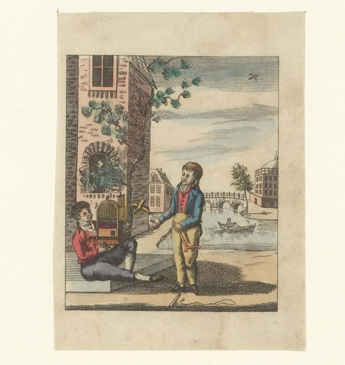 Twee jongens spelen met een vogeltje by anonymous, print, 1800-1899