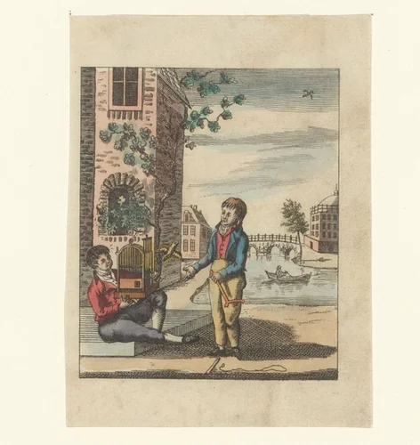 Twee jongens spelen met een vogeltje by anonymous, print, 1800-1899