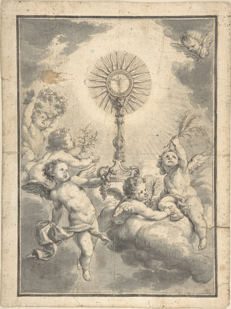 Monstrance Surrounded by Cherubs by anonymous, drawing, 1600-1800