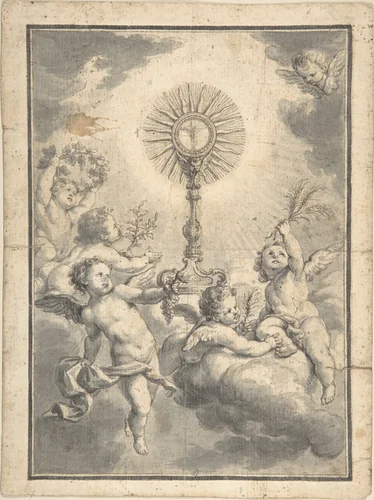 Monstrance Surrounded by Cherubs by anonymous, drawing, 1600-1800