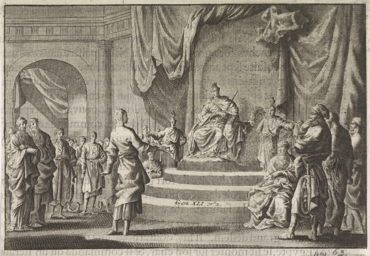 Jozef legt de dromen van de farao uit by Jan Luyken, print, 1703-1762