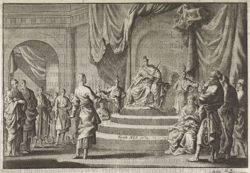 Jozef legt de dromen van de farao uit by Jan Luyken, print, 1703-1762