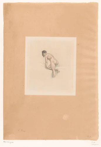 Naakte vrouw klimt in bed by Félicien Rops, print, 1876