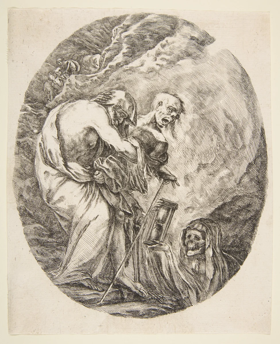 Death Dragging an Old Man to His Tomb by Stefano della Bella, print, 1643-1653