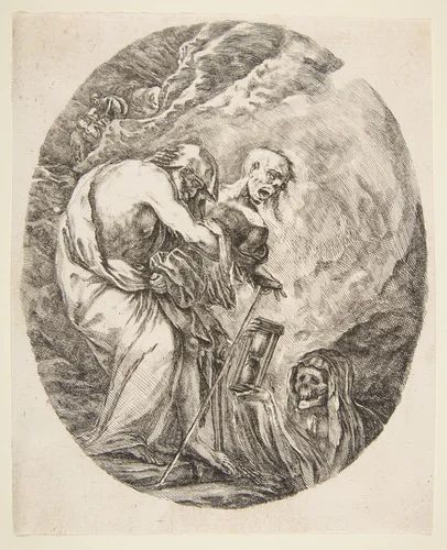 Death Dragging an Old Man to His Tomb by Stefano della Bella, print, 1643-1653