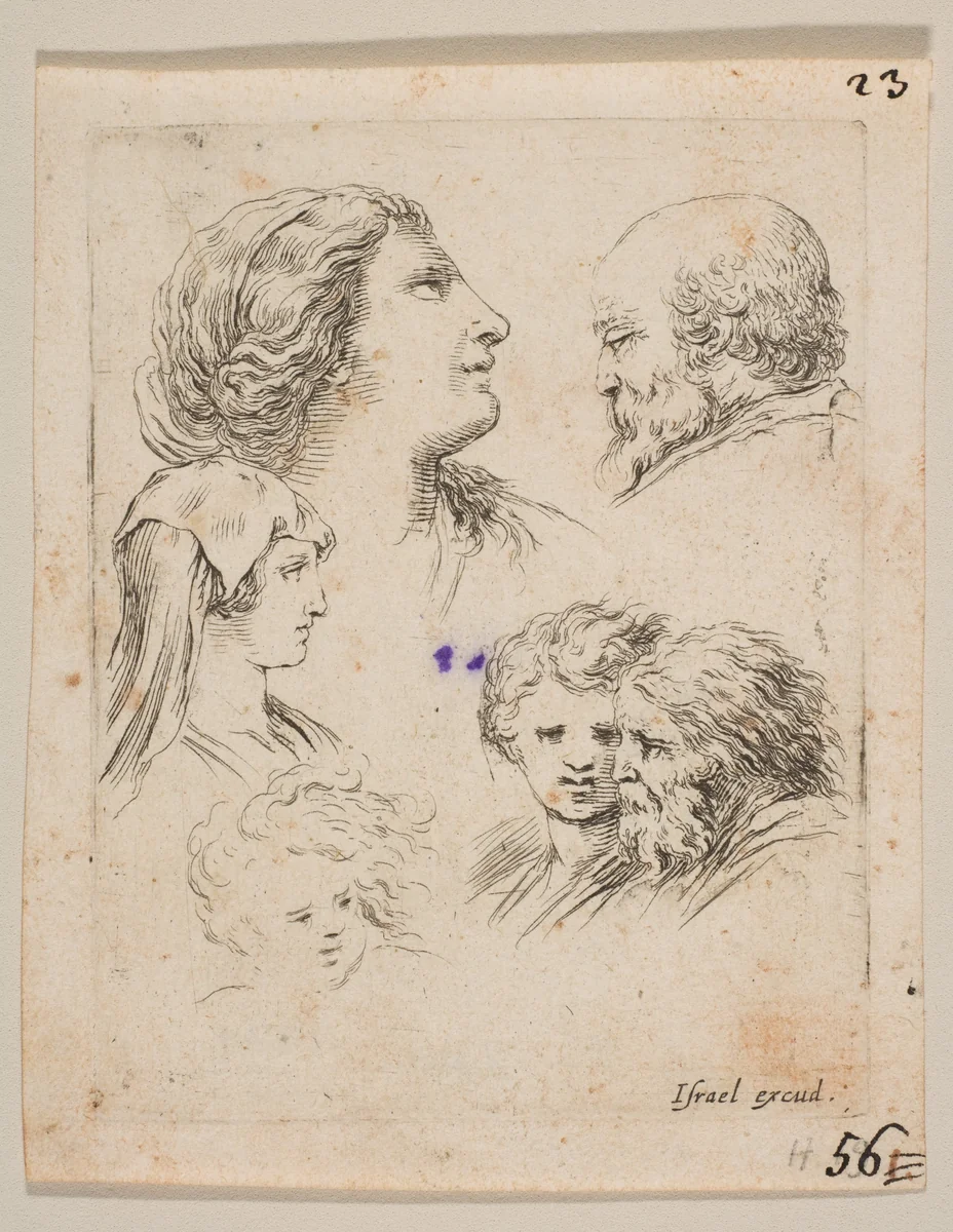 Plate 9: five heads, two young women at left, a bearded man at upper right, a young woman and a bearded man at bottom right, from 'The Book for Learning to Draw' (Livre pour apprendre à dessiner) by Stefano della Bella, print, 1644-1654