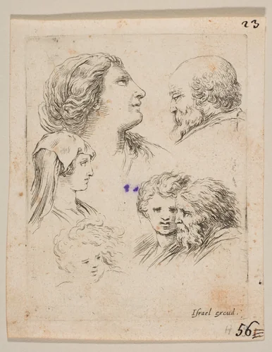 Plate 9: five heads, two young women at left, a bearded man at upper right, a young woman and a bearded man at bottom right, from 'The Book for Learning to Draw' (Livre pour apprendre à dessiner) by Stefano della Bella, print, 1644-1654