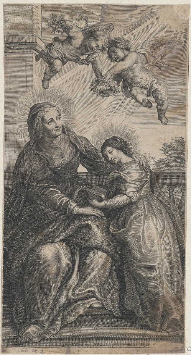 The education of the Virgin, with Saint Anne and the Virgin Mary reading with two putti overhead by Conraet Woumans, print, 1695-1724