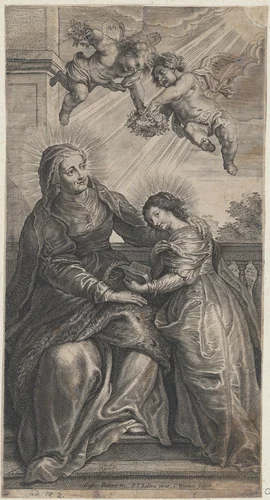 The education of the Virgin, with Saint Anne and the Virgin Mary reading with two putti overhead by Conraet Woumans, print, 1695-1724
