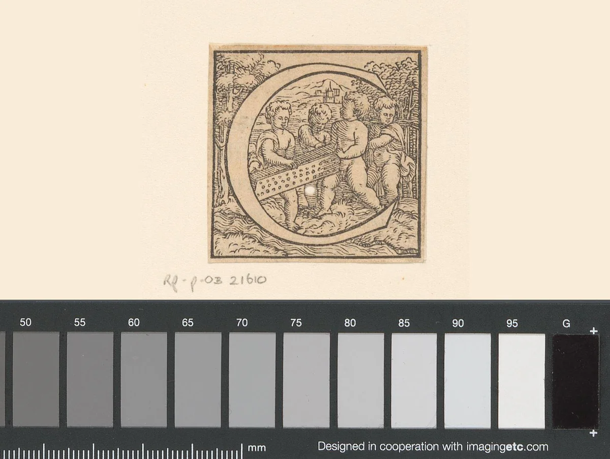 Letter C: kinderen met een kist by anonymous, print, 1543