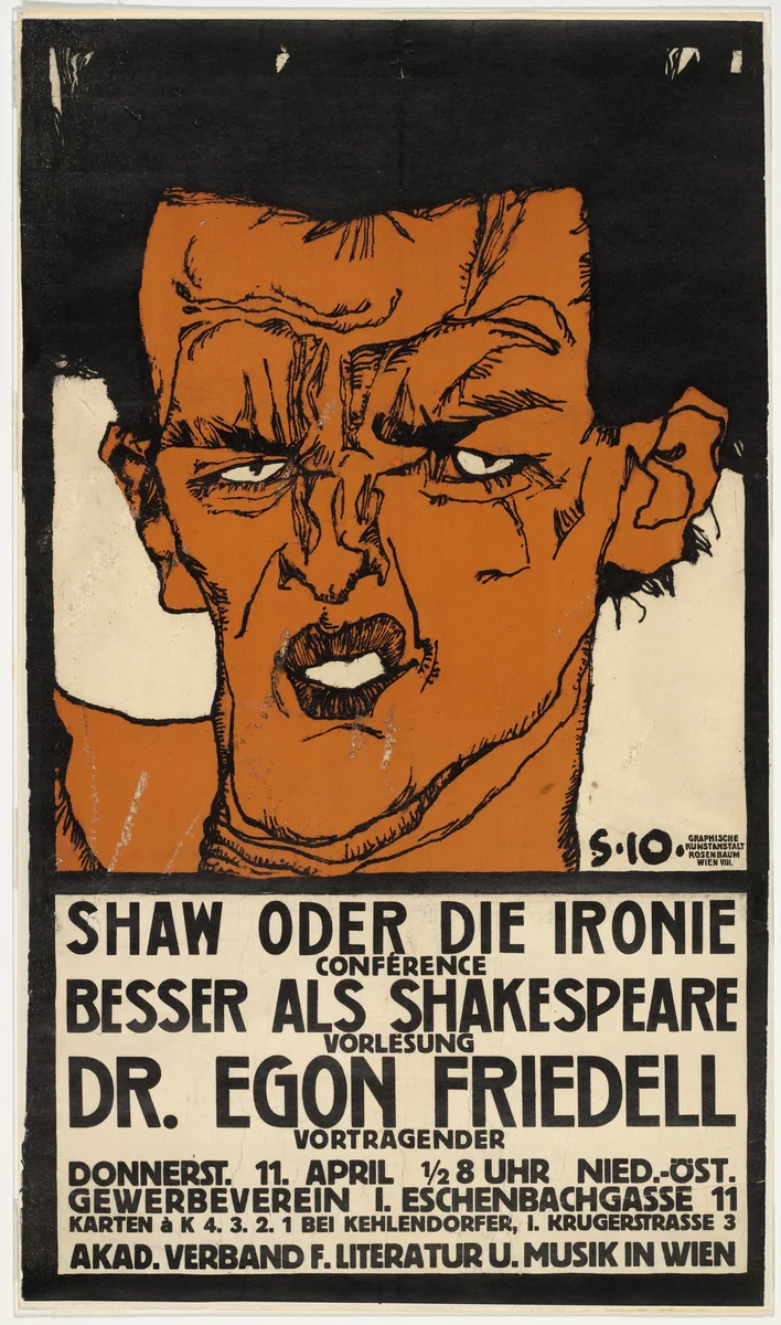 Shaw or the Irony (Shaw oder die Ironie), Poster for a Lecture by Egon Friedell by Egon Schiele, design, 1910