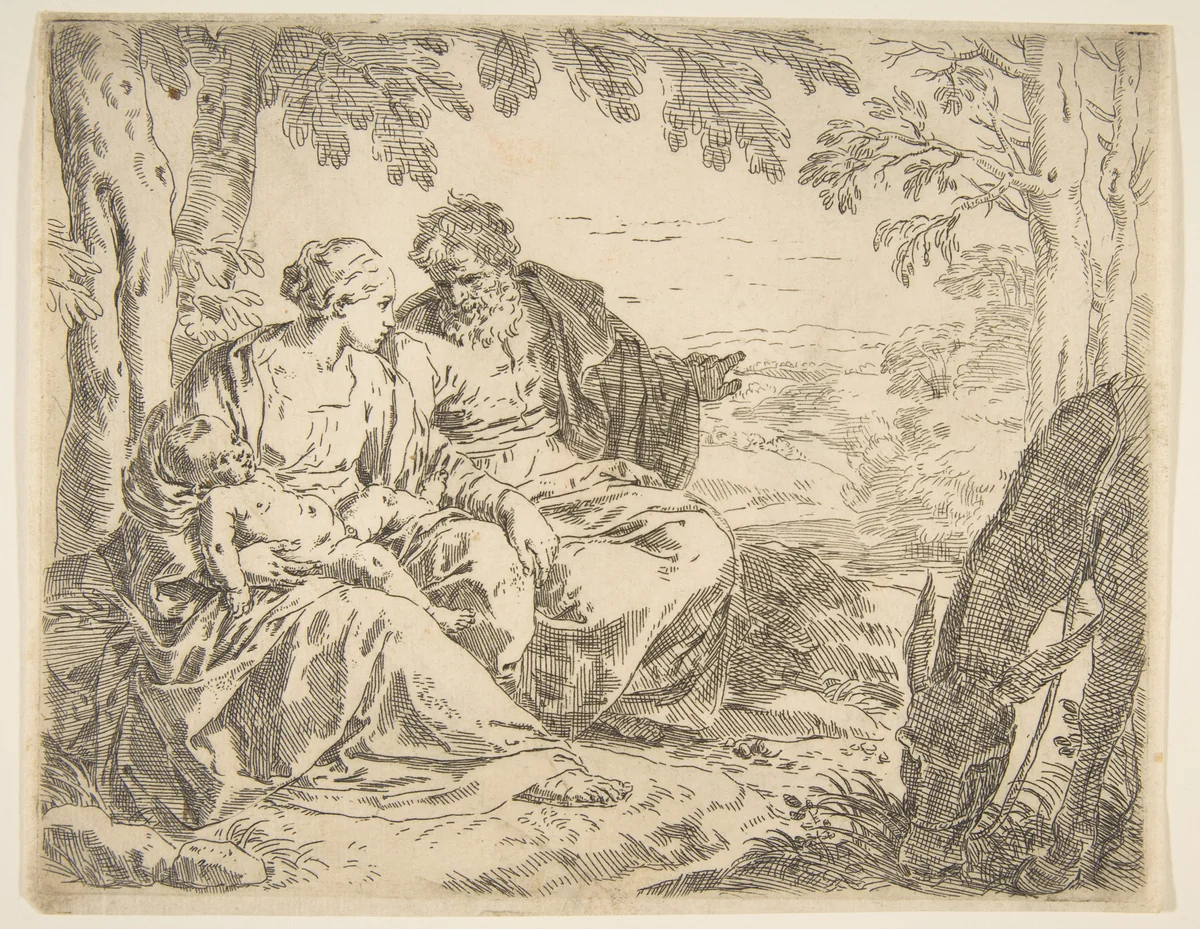 Rest on the flight into Egypt, Mary holding the infant Christ while St. Joseph points into the distance by Simone Cantarini, print, 1632-1644