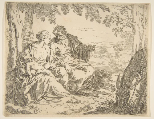 Rest on the flight into Egypt, Mary holding the infant Christ while St. Joseph points into the distance by Simone Cantarini, print, 1632-1644