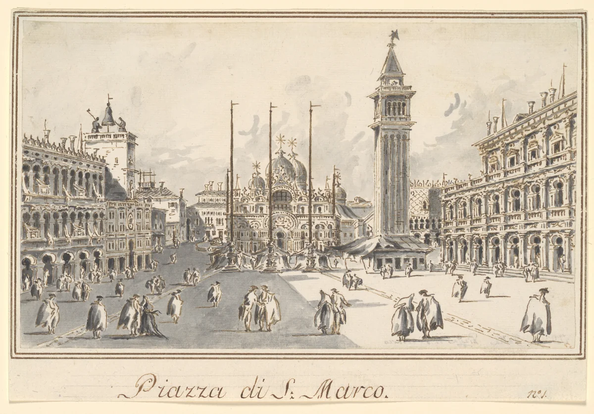 Piazza San Marco, Looking toward the Basilica by Giacomo Guardi, drawing, 1801-1831