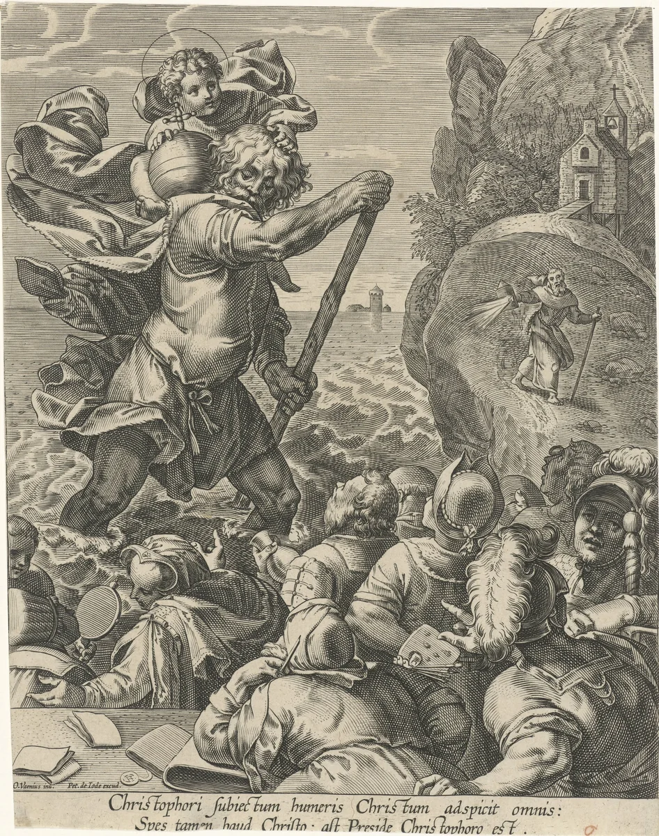 De heilige Christoffel en toeschouwers by Pieter de Jode, print, 1590-1632