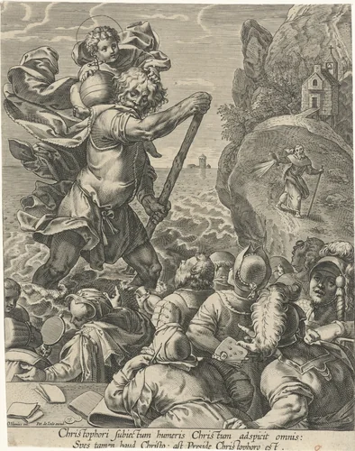 De heilige Christoffel en toeschouwers by Pieter de Jode, print, 1590-1632