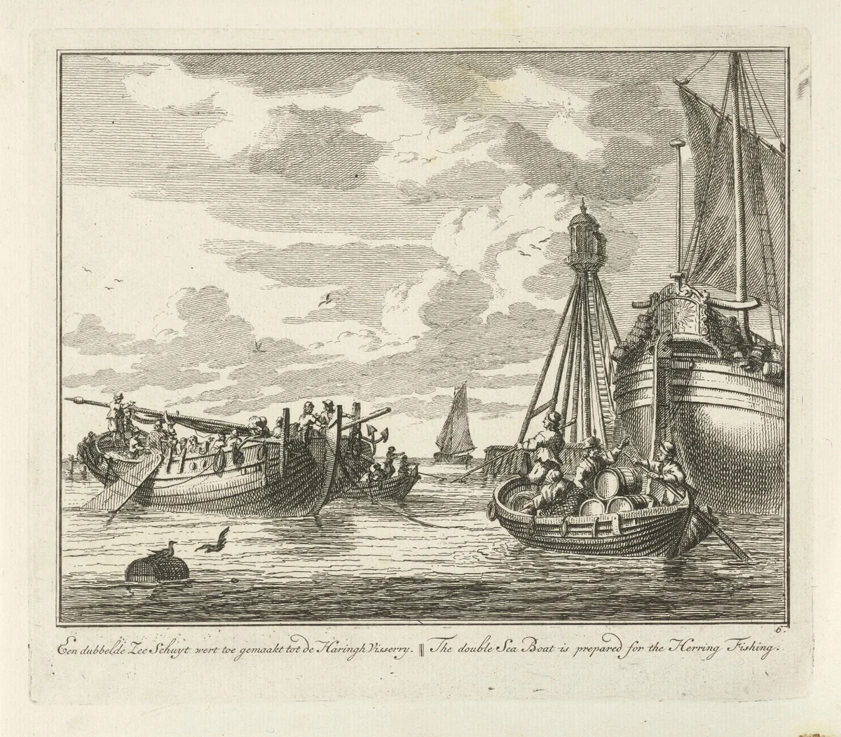 Uitrusten en bevoorraden van een dubbele zeeschuit by Adolf van der Laan, print, 1728-1761