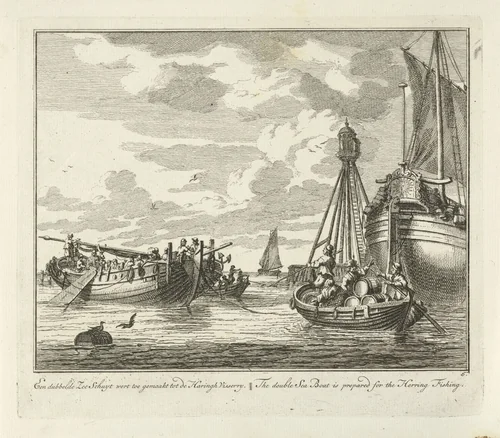 Uitrusten en bevoorraden van een dubbele zeeschuit by Adolf van der Laan, print, 1728-1761