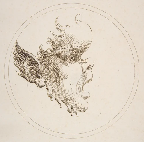 Grotesque Head With a Bulging Forehead Looking to the Right Within a Circle by Gaetano Piccini, drawing, 1727