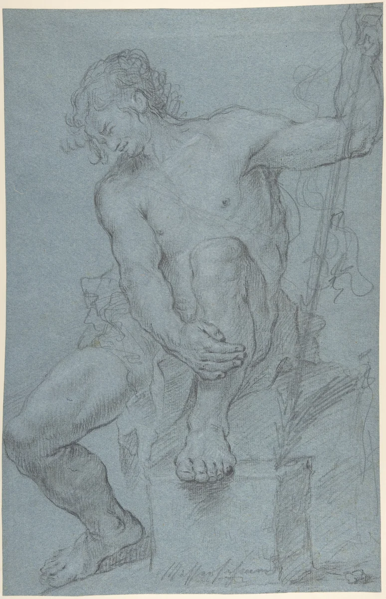 Seated Male Nude Holding a Staff by Franz Xaver Messerschmidt, drawing, 1750-1783