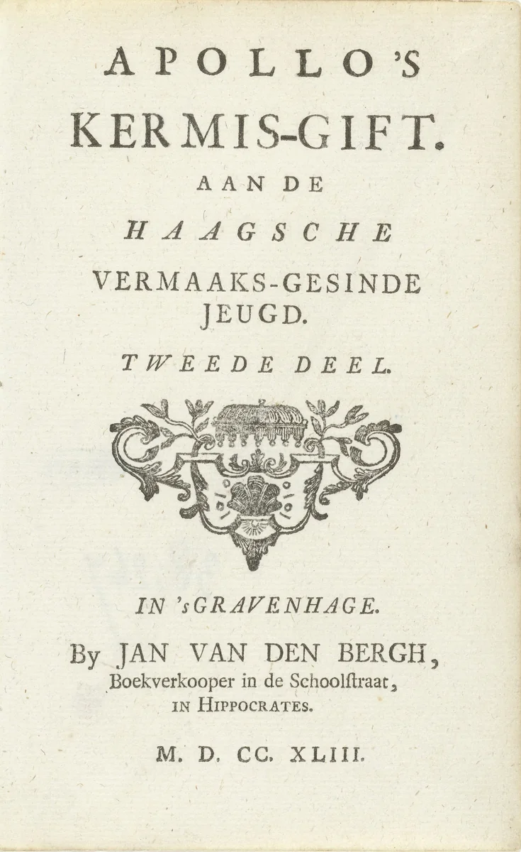Titelpagina voor: Apollo's kermis-gift, deel 2, 1743 by Jan van den Bergh, print, 1743