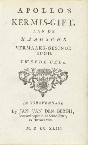 Titelpagina voor: Apollo's kermis-gift, deel 2, 1743 by Jan van den Bergh, print, 1743