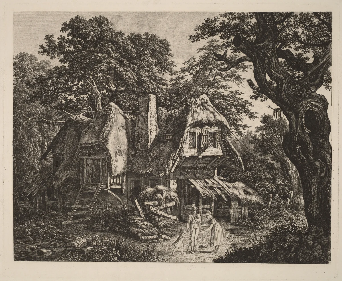 Straw-Thatched Hut with Landscape and Figures by Carl Wilhelm Kolbe, print, 1807-1809