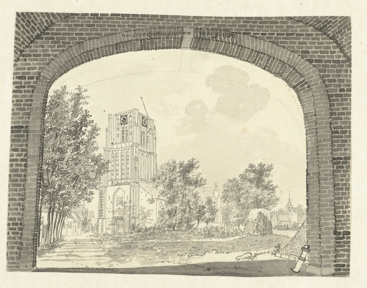 Gezicht door een poort op de kerk van Woudrichem by Jan de Beijer, drawing, 1750