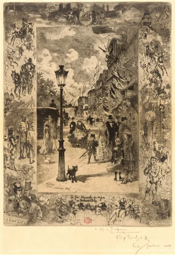 La Fête nationale au Boulevard Clichy (National Holiday on the Boulevard de Clichy) by Félix-Hilaire Buhot, print, 1878