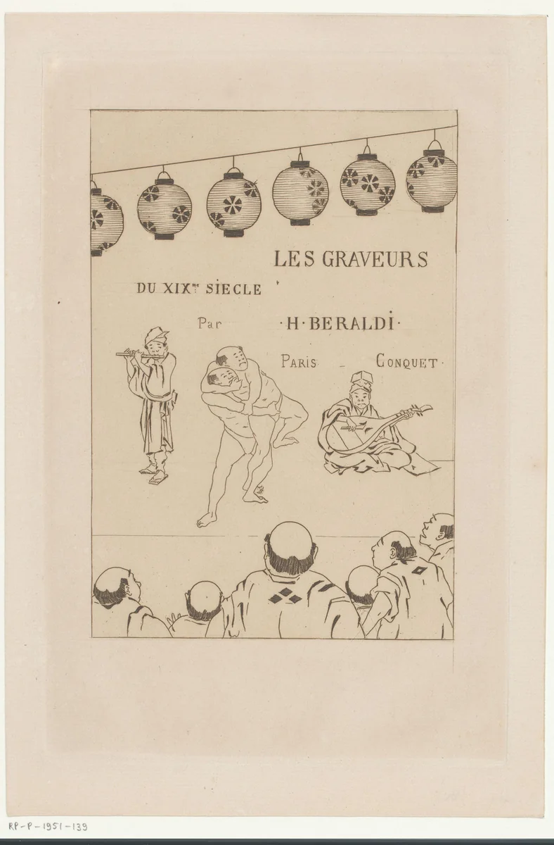 Theatervoorstelling met muzikanten en worstelaars by Henri Charles Guérard, print, 1888
