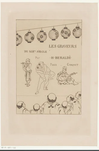 Theatervoorstelling met muzikanten en worstelaars by Henri Charles Guérard, print, 1888