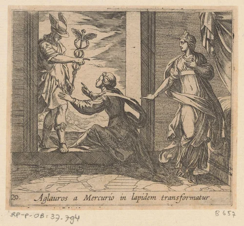 Mercurius verandert Aglauros in steen by Antonio Tempesta, print, 1606
