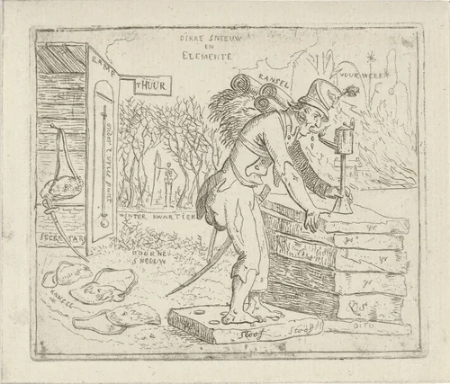 Een Franse soldaat probeert zijn tong te ontdooien aan een lamp by Hermanus Fock, print, 1813