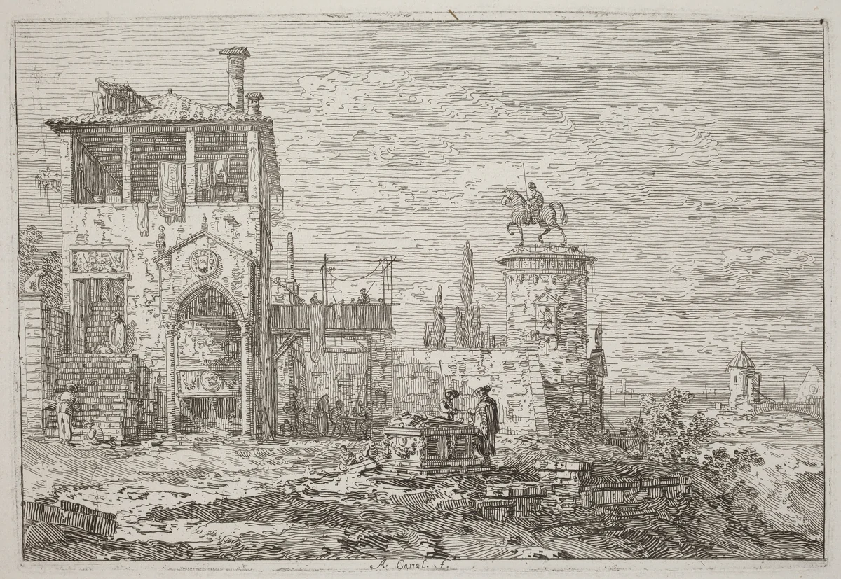 The Equestrian Monument [upper right] by Canaletto, print, 1735-1746