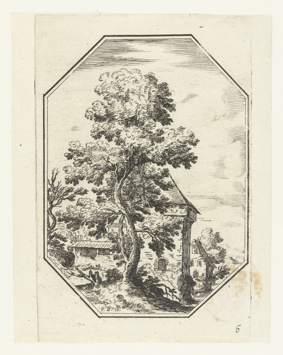 Landschap met grote boom in octagonaal kader by anonymous, print, 1582-1700
