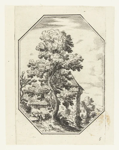 Landschap met grote boom in octagonaal kader by anonymous, print, 1582-1700