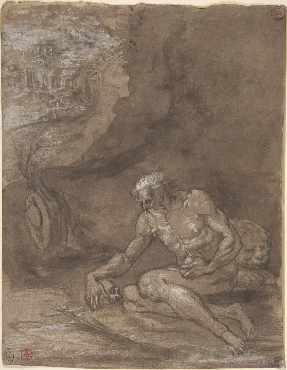 Saint Jerome Praying in a Landscape by Niccolò dell' Abate, drawing, 1550-1560