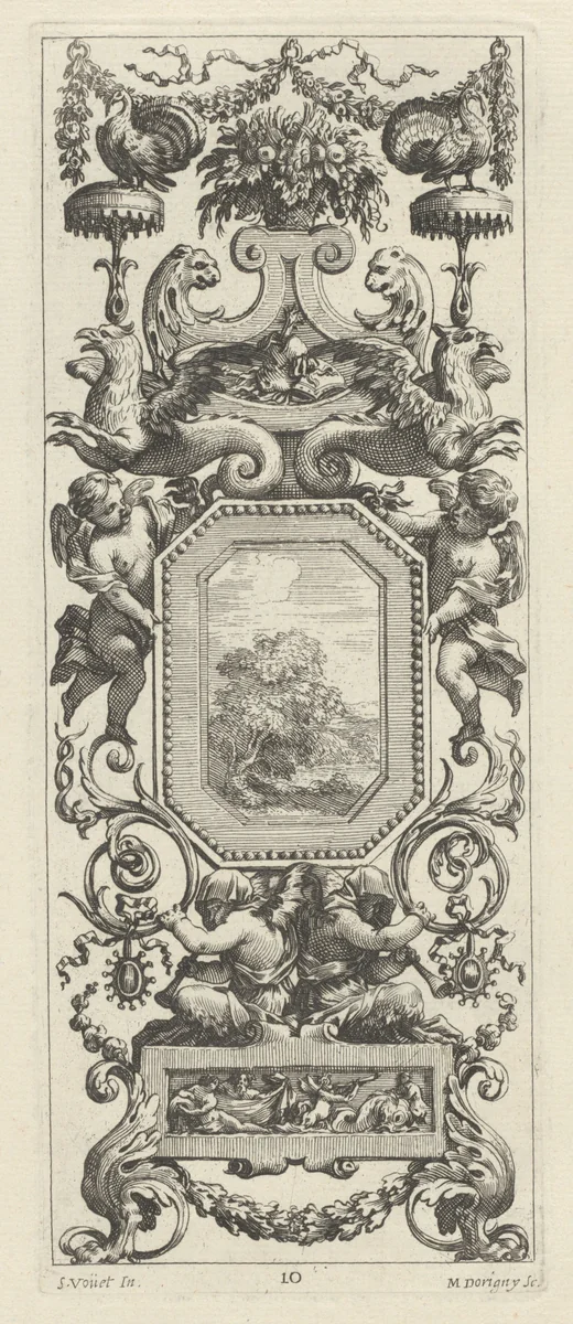 Ornamental Panel Surmounted by a Basket of Flowers and a Garland by Michel Dorigny; Simon Vouet, print, 1647