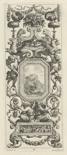 Ornamental Panel Surmounted by a Basket of Flowers and a Garland by Michel Dorigny; Simon Vouet, print, 1647