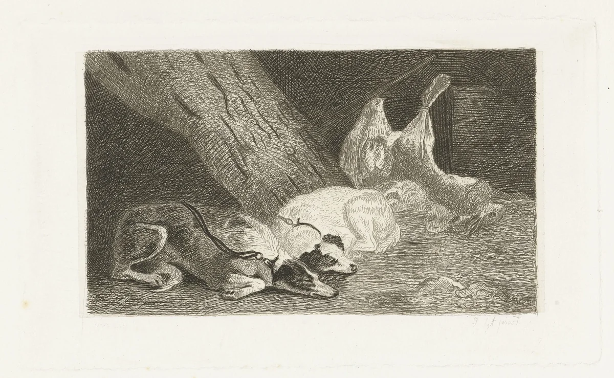 Twee honden rusten bij de jachtbuit by Jan Cassiers, print, 1700-1800