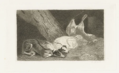 Twee honden rusten bij de jachtbuit by Jan Cassiers, print, 1700-1800