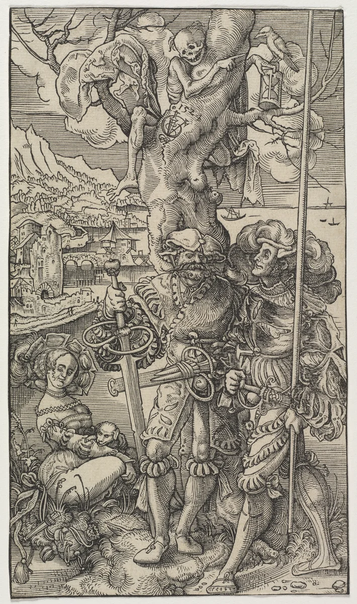 Mercenaries and a Woman with Death in a Tree by Urs Graf, print, 1524