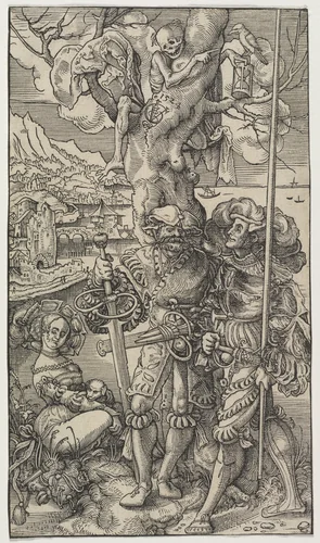 Mercenaries and a Woman with Death in a Tree by Urs Graf, print, 1524