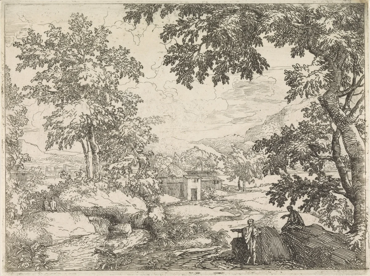 Arcadisch landschap met rivier by Abraham Genoels, print, 1650-1723