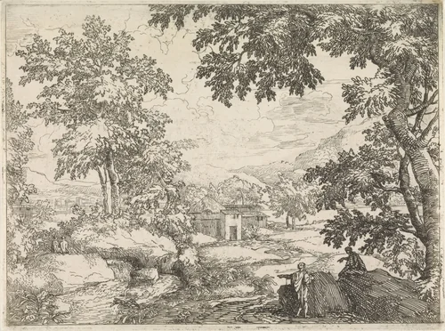 Arcadisch landschap met rivier by Abraham Genoels, print, 1650-1723