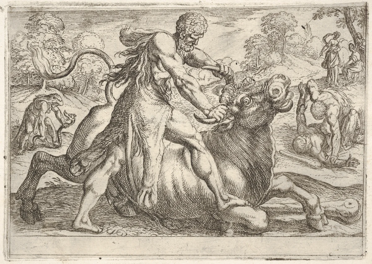 Hercules and Achelous, from "The Labors of Hercules" by Antonio Tempesta, print, 1608