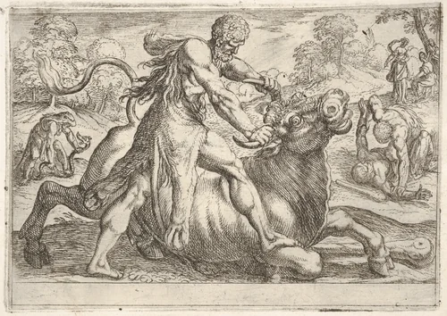 Hercules and Achelous, from "The Labors of Hercules" by Antonio Tempesta, print, 1608