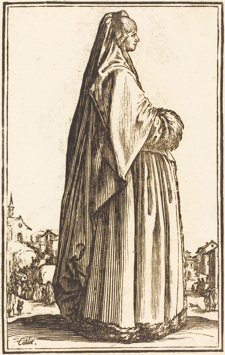 Noble Woman Wearing a Veil and a Dress Trimmed in Fur by Jacques Callot, print, 1623-1699